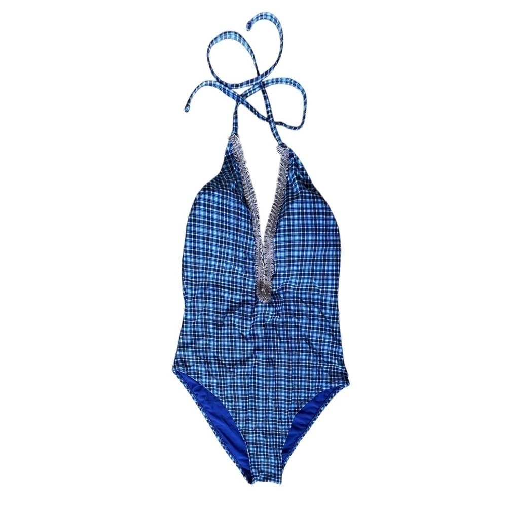 Mermaid Swimwear Blue Plaid Plunge Halter One Piece Swimsuit L